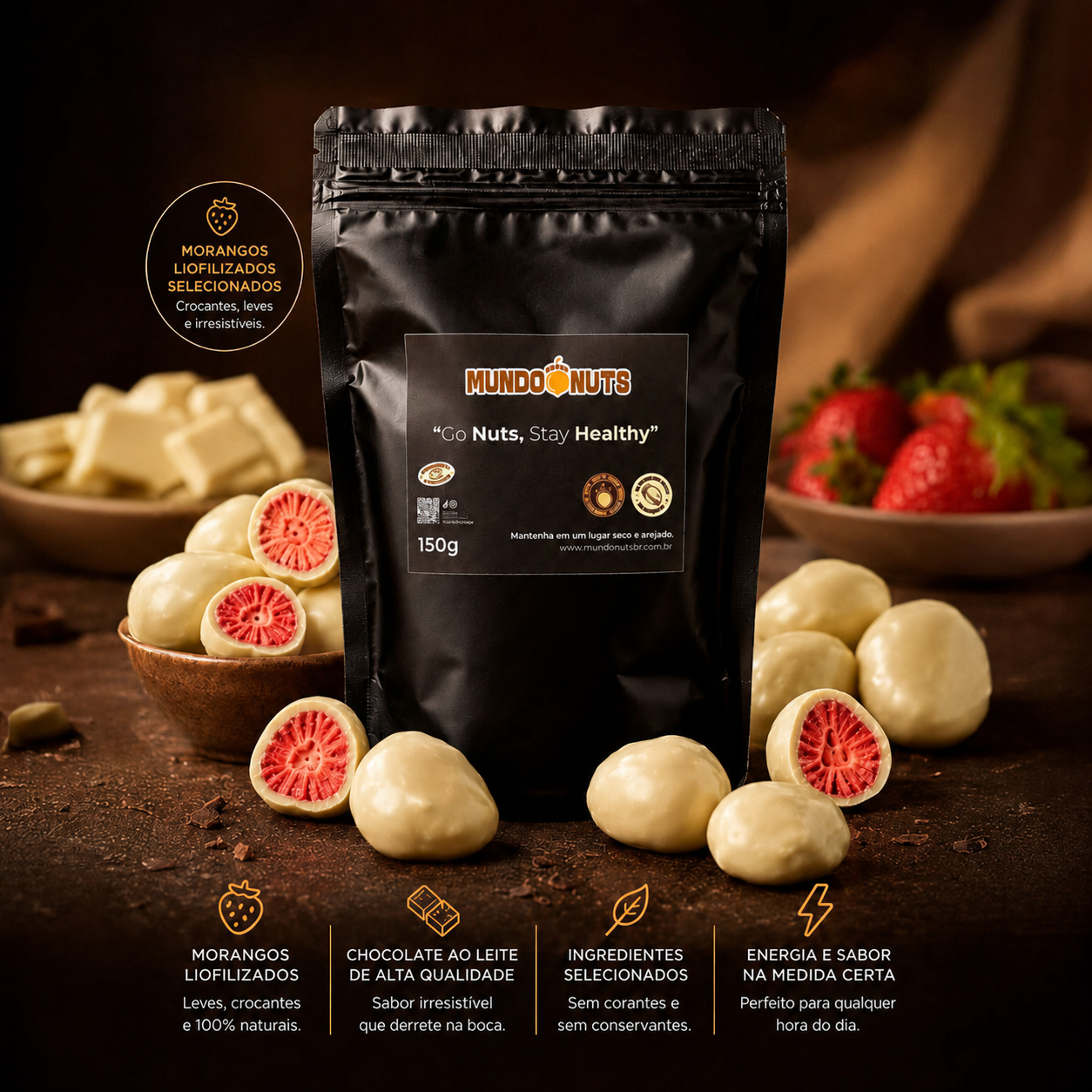 Morango Liofilizado com Chocolate Branco Mundo Nuts 150g